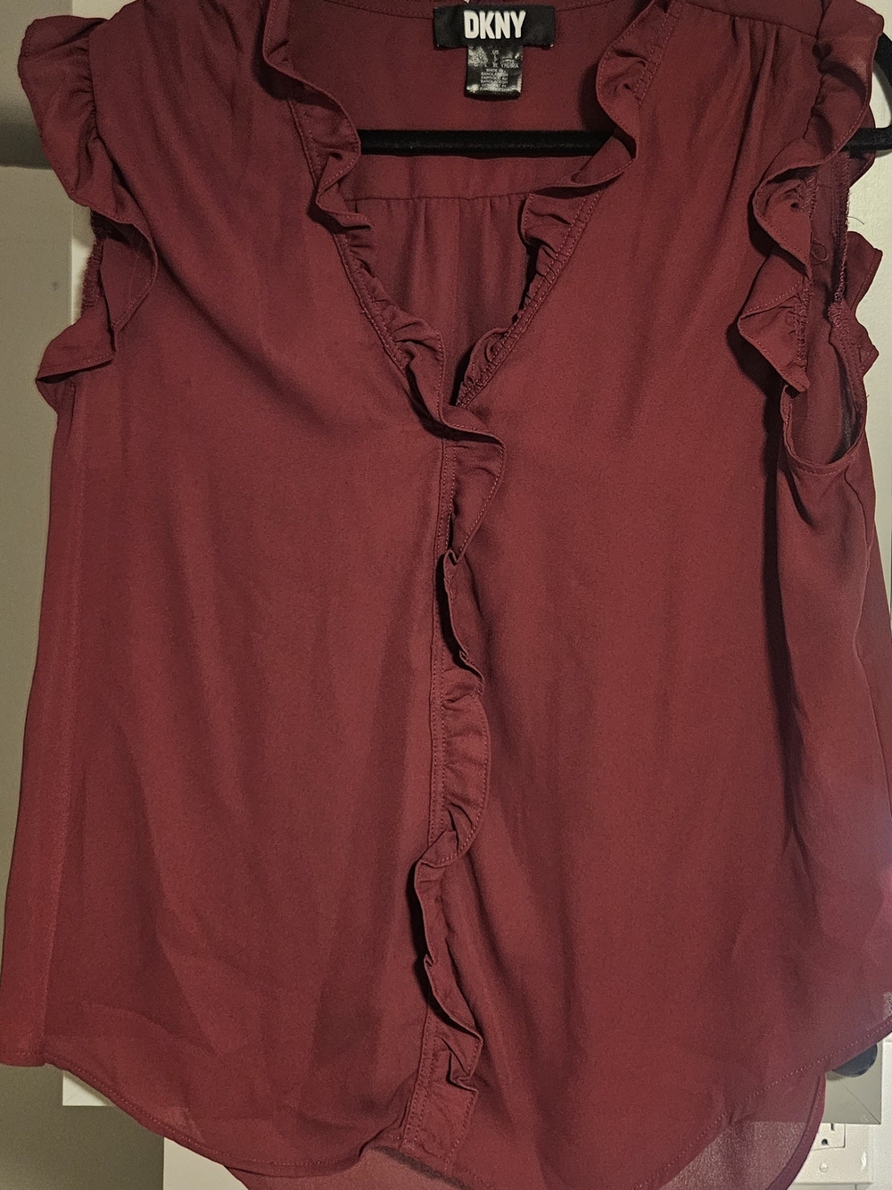 DKNY Burgundy Ruffle V-Neck Sleeveless Blouse